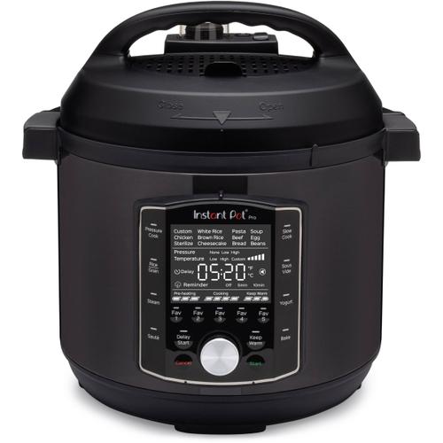 Multicooker Instant Pot Pro 8, V7.6L, 1200~1400W, 10 functii, Vas interior aplatizat din inox cu manere, 11 sisteme de siguranta, Gratar multifuncțional, Garnitura extra (Negru)