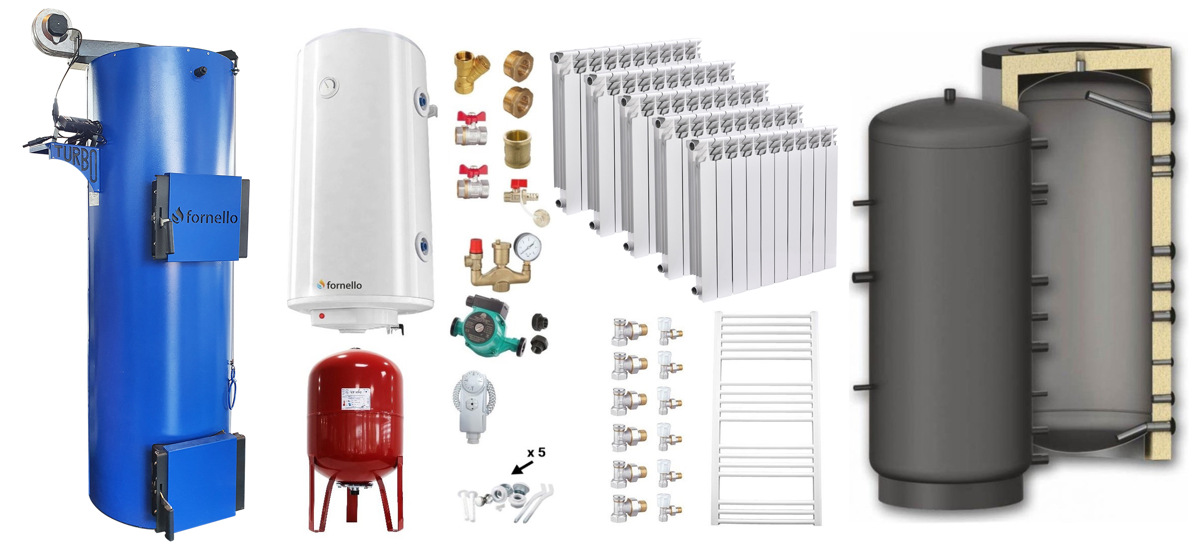 Pachet Cazan (centrala) pe combustibil solid tip lumanare Fornello Turbo 25 kW, Puffer 800 litri, Calorifere Aluminiu Fornello Alvo, Boiler, Vas Expansiune, Pompa, Fitinguri Montaj
