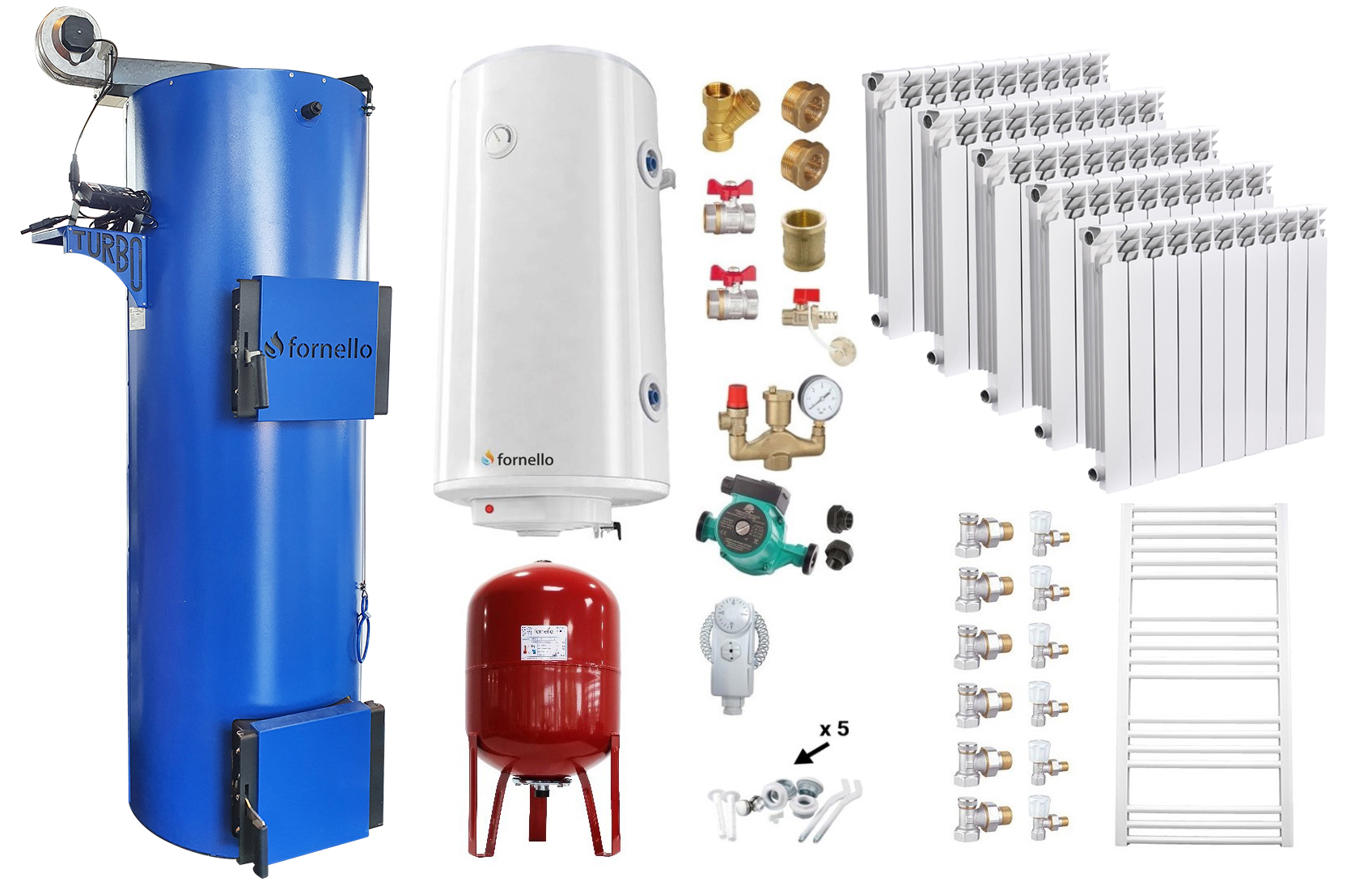 Pachet Cazan (centrala) pe combustibil solid, tip lumanare Fornello Turbo 35 kW, Calorifere Aluminiu Fornello Alvo, Boiler, Vas Expansiune, Pompa, Fitinguri Montaj