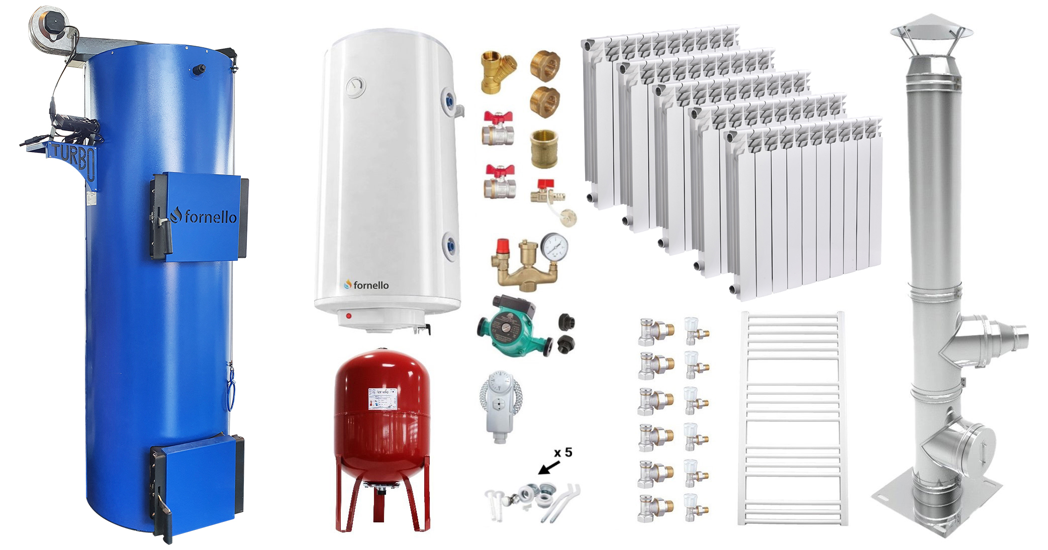 Pachet Cazan (centrala) pe combustibil solid tip lumanare Fornello Turbo 35 kW, Cos Inox, Calorifere Aluminiu Fornello Alvo, Boiler, Vas Expansiune, Pompa, Fitinguri Montaj