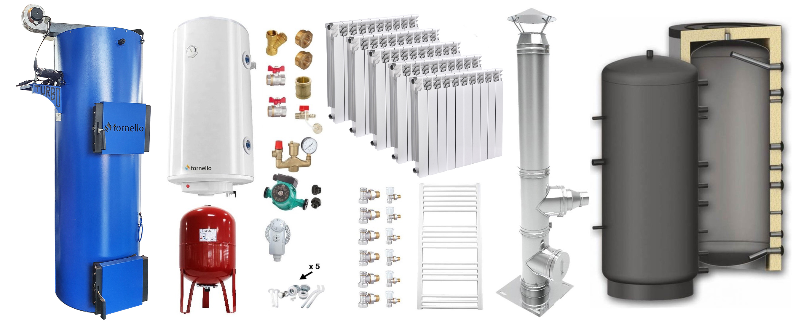 Pachet Cazan (centrala) pe combustibil solid tip lumanare Fornello Turbo 35 kW, Puffer 800 litri, Cos Inox, Calorifere Aluminiu Fornello Alvo, Boiler, Vas Expansiune, Pompa, Fitinguri Montaj