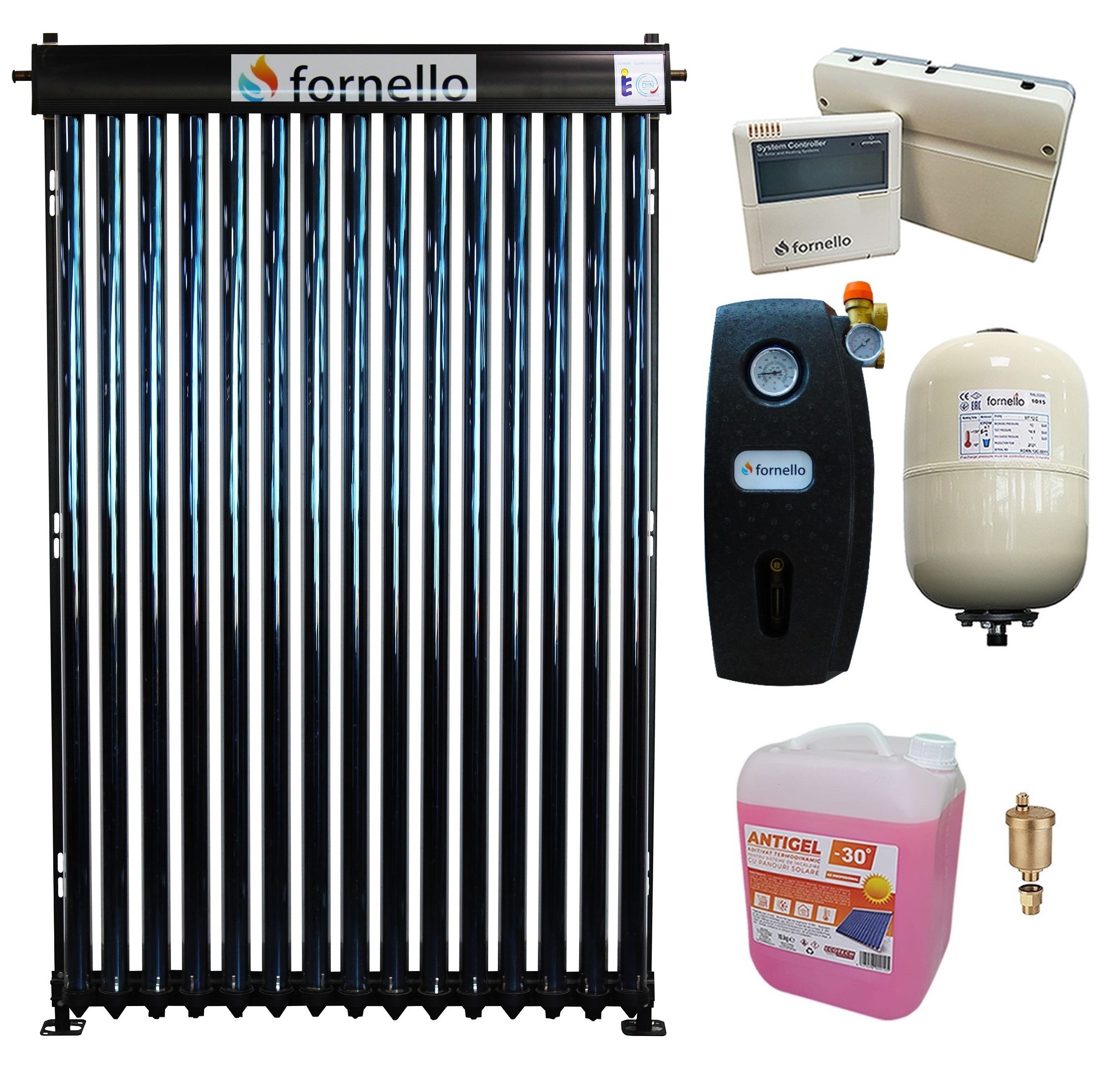 Pachet Panou solar presurizat cu tuburi vidate Heat Pipe Fornello 15 tuburi, destinat producerii de apa calda menajera, controller, vas expansiune, grup pompare, aerisitor 1/2, antigel
