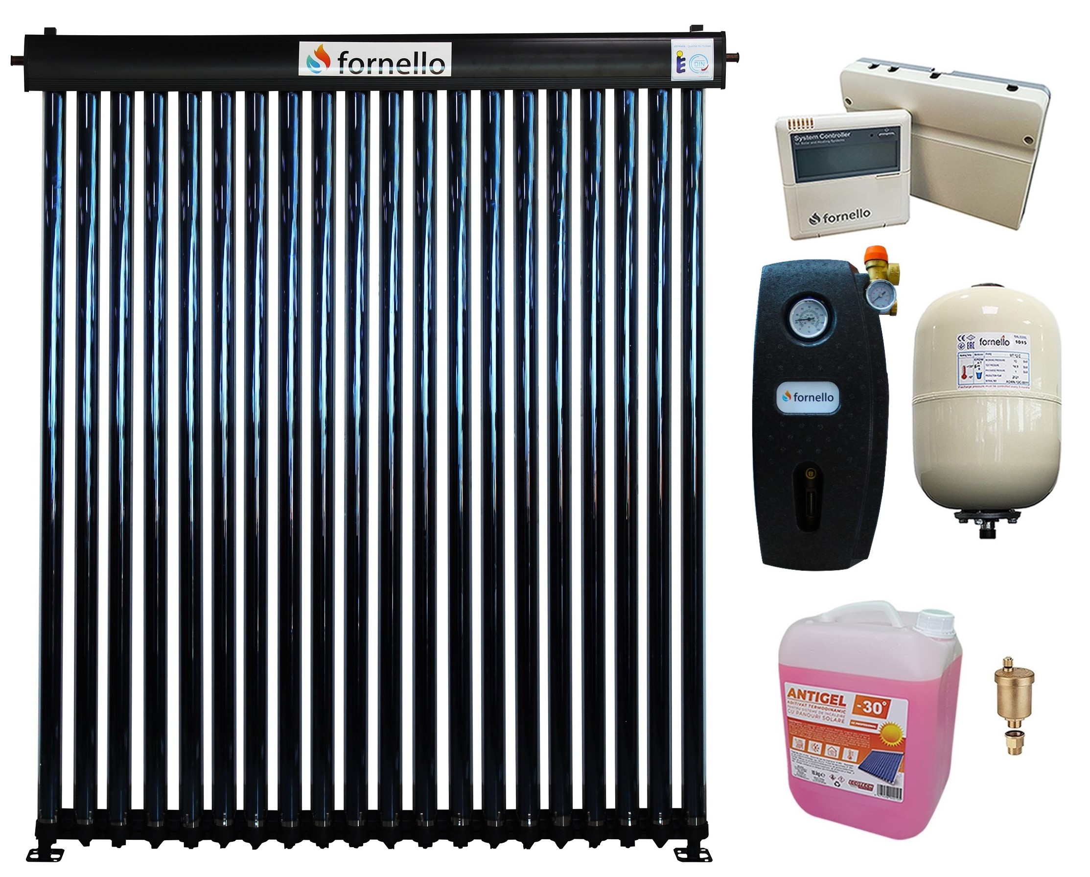 Pachet Panou solar presurizat cu tuburi vidate Heat Pipe Fornello 20 tuburi, destinat producerii de apa calda menajera, controller, vas expansiune, grup pompare, aerisitor 1/2, antigel
