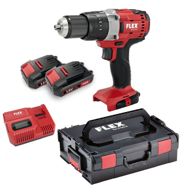 Masina de gaurit si insurubat cu percutie cu acumulatori Flex PD 2G 18.0/2.5 Set, cuplu maxim 65 Nm, Li-Ion 18V / 2.5Ah, 2 acumulatori, incarcator si valiza de transport