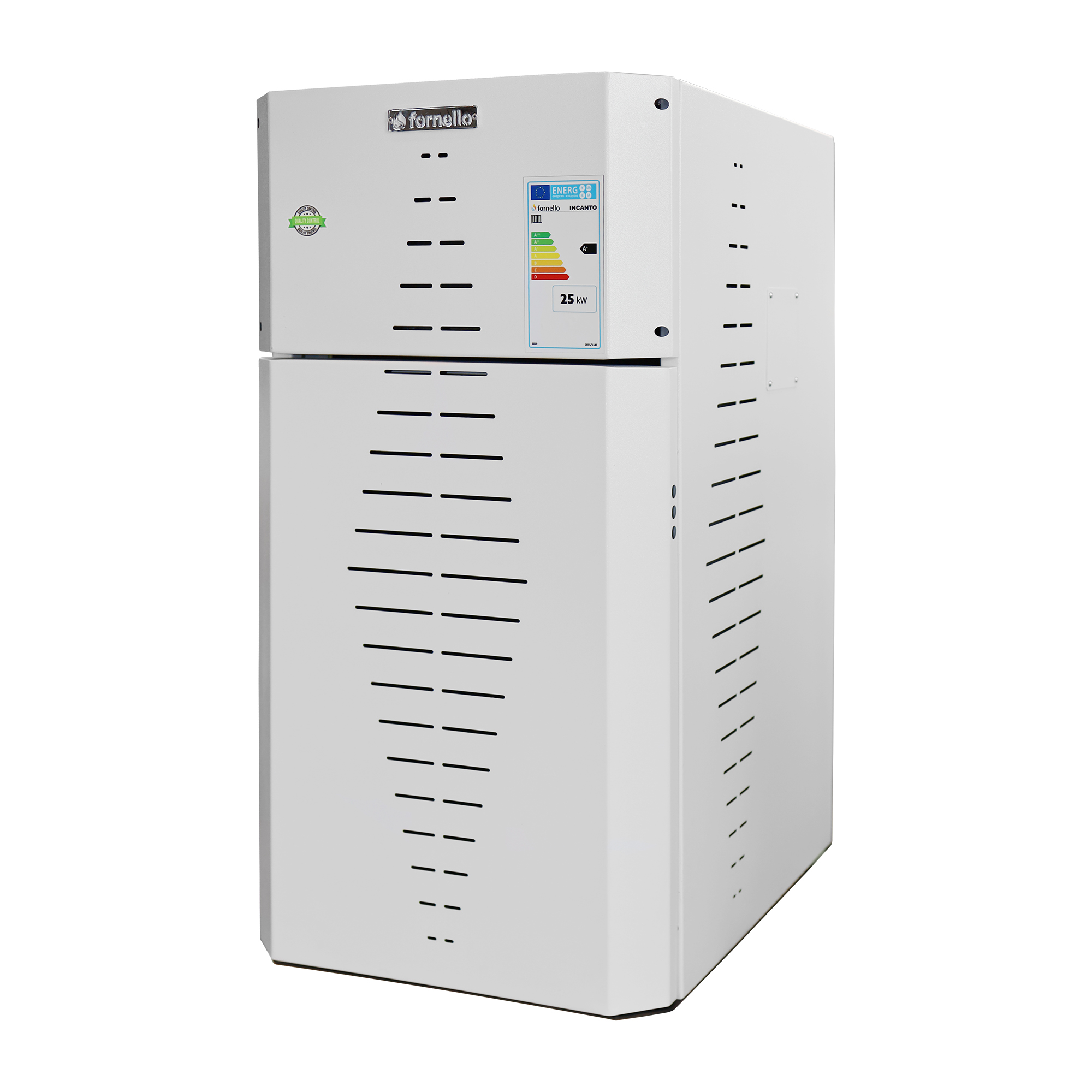 Centrala pe peleti Fornello INCANTO COMPACT 35 kW, pompa electronica, vas expansiune, arzator inox, grup de siguranta, sistem de curatare MECANICA a creuzetului si drumurilor de fum, culoare alb