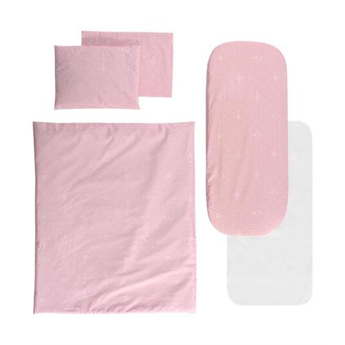 Set lenjerie pentru carucior Lorelli Little Bear Pink, cu protectie impermeabila, 7 piese