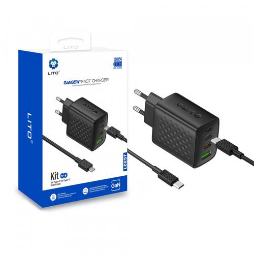 Incarcator Retea Cu Cablu USB-C Lito LC25T, 65W, 3.25A, 1 x USB-A - 2 x USB-C (Negru)