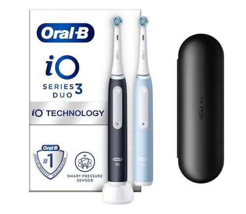 Set 2 x Periuta de dinti electrica Oral-B iO3, Duo Edition, 3 moduri periaj, Senzor presiune smart, 2 capete incluse (Negru/Albastru)