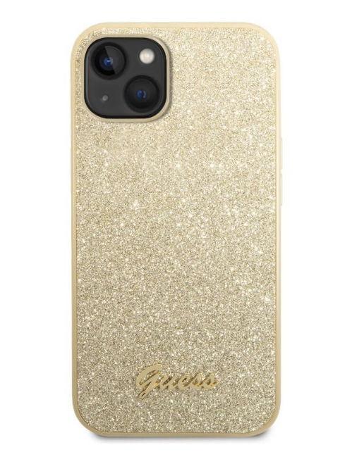 Husa Protectie Spate Guess Glitter Flakes Script Metal Logo pentru Apple iPhone 14 (Auriu)