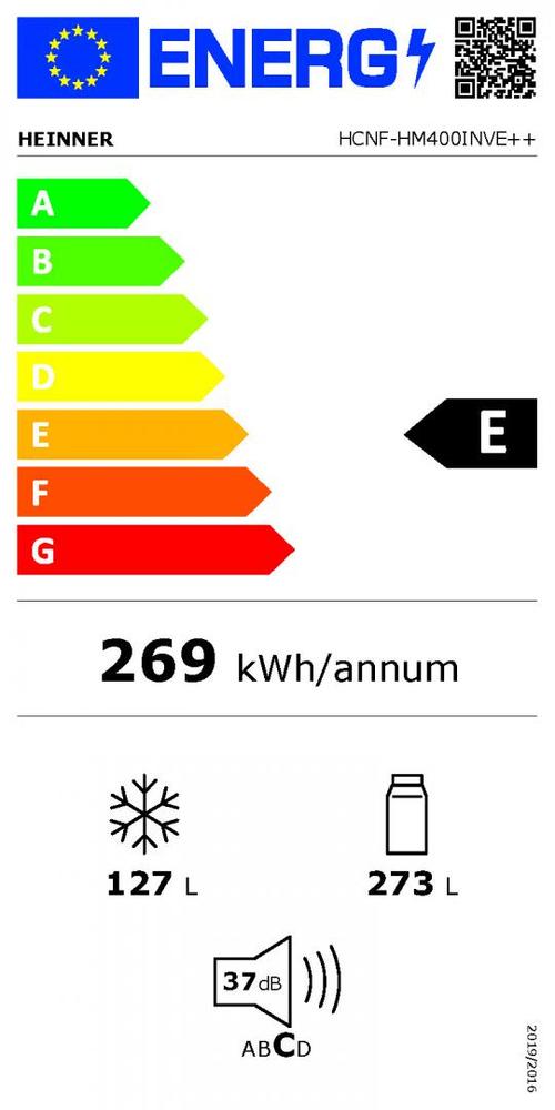 Combina frigorifica HEINNER HCNF-HM400INVE++, 400 L, Clasa E, Control electronic LED, Super congelare, Lumina LED, H 186 cm (Inox)