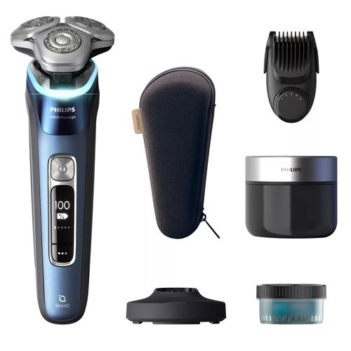 Aparat de ras electric Philips i9000 Prestige XP9201/33, Wet&Dry, SkinIQ, Autonomie 60 minute, senzor presiune & cadran LED pentru ghidaj, aplicatie conectivitate BT, statie igienizare, suport incarcare, styler barba, husa premium (Albastru