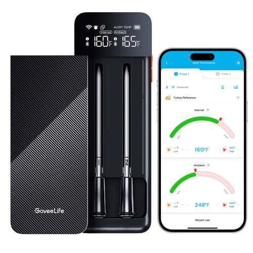 Termometru digital pentru carne Govee B5192011, 2 sonde, wireless, conectare Wi-Fi și Bluetooth, baza multifunctionala, LCD