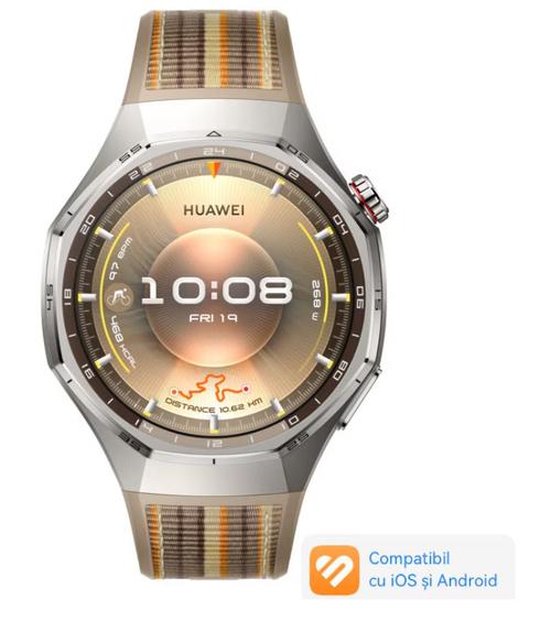 Smartwatch Huawei Watch GT 6 Pro, 46MM, Ecran AMOLED LTPO 1.47inch, Bluetooth, GPS, Monitorizare sanatate emotionala, Curea Nylon, 5 ATM (Maro)