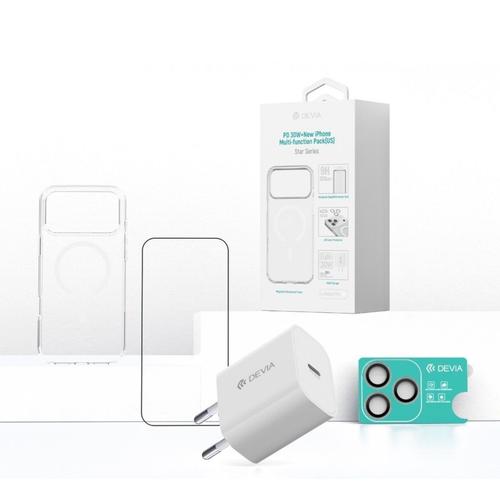 Devia Set 4 in 1 iPhone 17 Pro Incarcator retea GaN PD 30W + husa silicon Magsafe + folie sticla Military-Grade cu aplicator + folie sticla camera (Alb/Transparent)