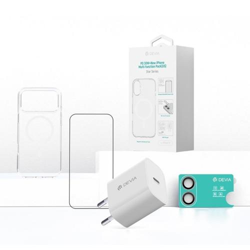 Devia Set 4 in 1 iPhone 17 Incarcator retea GaN PD 30W + husa silicon Magsafe + folie sticla Military-Grade cu aplicator + folie sticla camera (Alb/Transparent)