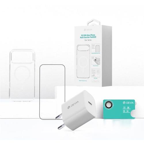 Devia Set 4 in 1 iPhone Air Incarcator retea GaN PD 30W + husa silicon Magsafe + folie sticla Military-Grade cu aplicator + folie sticla camera (Alb/Transparent)