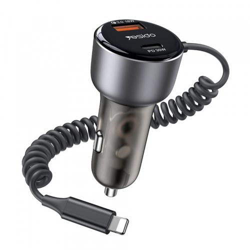 Incarcator Auto Cu Cablu Lightning Yesido Y57, 50 W, 3A, 1 x USB-A - 1 x USB-C (Negru)