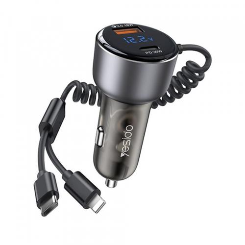 Incarcator Auto Cu Cablu USB-C / Lightning Yesido Y58 Display, 60W, 3A, 1 x USB-A - 1 x USB-C (Gri)