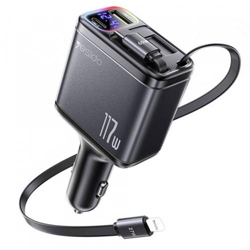 Incarcator Auto Cu Cablu USB-C / Lightning Yesido Y63 Display, 117W, 3A, 1 x USB-A - 1 x USB-C (Gri)