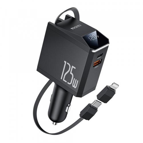 Incarcator Auto Cu Cablu USB-C / Lightning Yesido Y71 Display, 125W, 3A, 1 x USB-A - 1 x USB-C (Negru)
