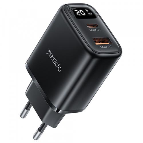 Incarcator Retea Yesido YC68, 20W Display, 3A, 1 x USB-A - 1 x USB-C (Negru)