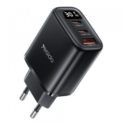 Incarcator Retea Yesido YC69 Display, 30W, 3A, 1 x USB-A - 2 x USB-C (Negru)