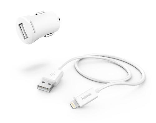 Incarcator auto Hama 183266, 1 x USB, 12W + cablu lightning, 1m (Alb)