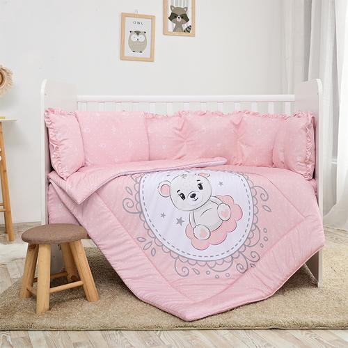 Set lenjerie 7 piese Lorelli Lily, bumbac ranforce, pentru paturi 60 x 120 cm, Roz