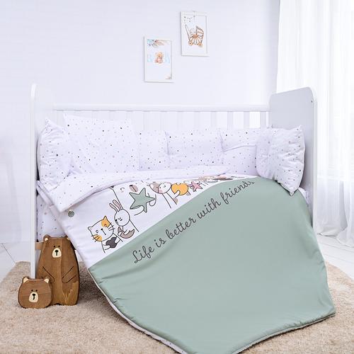 Set lenjerie 7 piese Lorelli Lily Happy Friends Mint, bumbac ranforce, pentru paturi 60 x 120 cm