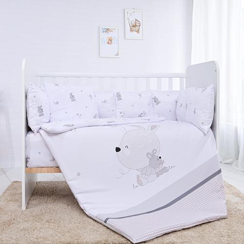 Set lenjerie 7 piese Lorelli Lily Little Rabbits Grey, bumbac ranforce, pentru paturi 60 x 120 cm