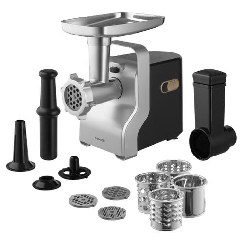 Masina de tocat carne Sencor SMG6400SL, 700-2100 W, 2.2 kg/min, 3 discuri incluse, Accesoriu carnati si Kebbe (Argintiu/Negru)