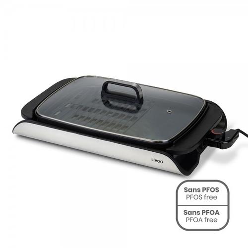 Gratar electric 2in 1 Livoo DOC321, 40x30 cm, 2000 W, capac din sticla securizata, termostat reglabil si detasabil (Negru)