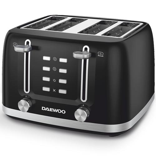 Prajitor de paine Daewoo DBT4160B, putere 1600 W, capacitate 4 felii, tavita de firimituri, functii: waffles, reincalzire, decongelare, anulare, control electronic rumenire, carcasa inox (Negru)