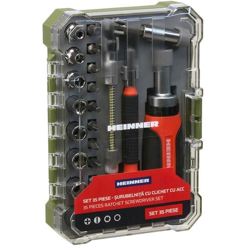 Set 35 accesorii Heinner PCSS019, surubelnita cu clichet, surubelnita precisa, biti, biti precizie, tubulare din otel carbon, adaptor biti, extensie biti, extensie flexibila