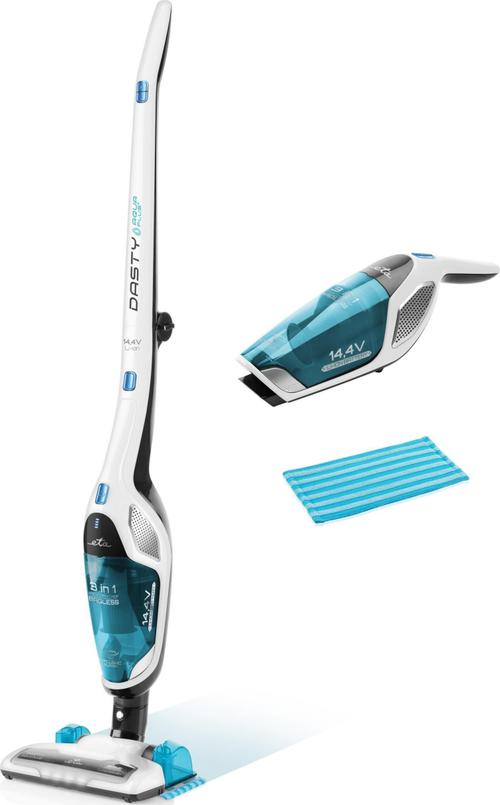 Aspirator vertical cu mop 3in1 ETA Dasty AquaPlus 3447 90010, 95 W, Recipient 0.5 l, 18 V, Filtru HEPA, Autonomie 45 minute, Rezervor atasamen mop 150 ml (Alb/Albastru)