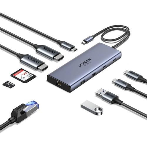Hub USB-C Ugreen 10in1 CM639-45380, 3x Type-C, 2x USB-A, 2x HDMI, RJ45, TF, SD Card, PD100W, 1000Mbps (Gri)