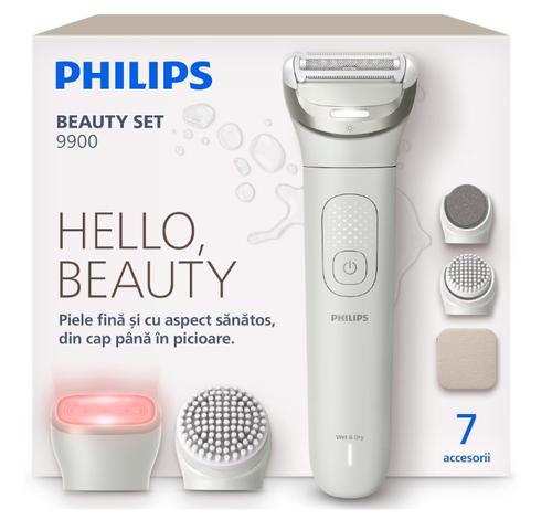 Set de infrumusetare PHILIPS BRE748/00, Aparat de ras seria 9900 cu cap SkinLED cu lumina rosie & infrarosu pentru piele luminoasa, cap ras flexibil, pila pedichiura+alte accesorii, umed&uscat, autonomie 60 min (Alb)