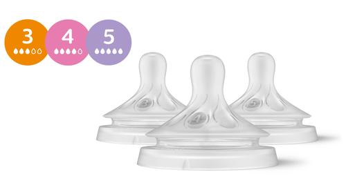 Pachet 3 tetine Philips Avent Natural Response SCY960/03, +1 luna, +3 luni si +6 luni, tetina care functioneaza ca sanul mamei, debit 3,4,5, fara BPA