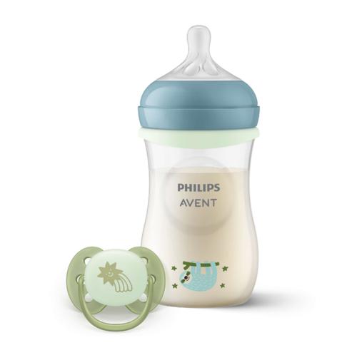 Set biberon + suzeta pentru nou-nascuti Philips Avent SCD838/17, sticla de 125 ml, suzeta ultra moale, inel stralucitor (Transparent/Albastru)