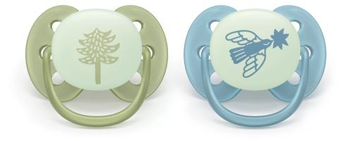Set 2 suzete Philips Avent Philips Avent SCF094/05, Ultra soft ​Nighttime 18+ luni, 2 buc, fosforescente (Albastru/Verde)
