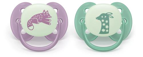 Set 2 suzete Philips Avent Philips Avent SCF094/04, Ultra soft ​Nighttime 6-18 luni, 2 buc , fosforescente (Mov/Verde)