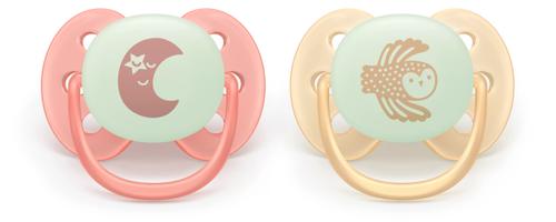 Set 2 suzete Philips Avent SCF094/02, Ultra soft ​Nighttime 0-6 luni, 2 buc (Roz/Portocaliu)