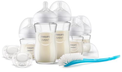 Set de biberoane de sticla Philips Avent Natural Response SCD879/11, 5 biberoane, 1 perie pentru biberon, 2 suzete ultra soft