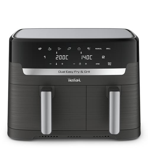 Friteuza dubla cu aer cald Tefal Dual Easy Fry & Grill air fryer EY905B10, 2700 W, 8.3 L, functie grill, 8 programe, Tehnologie Extra-Crisp, Temperatura reglabila 40-200°C, Display LCD (Gri)