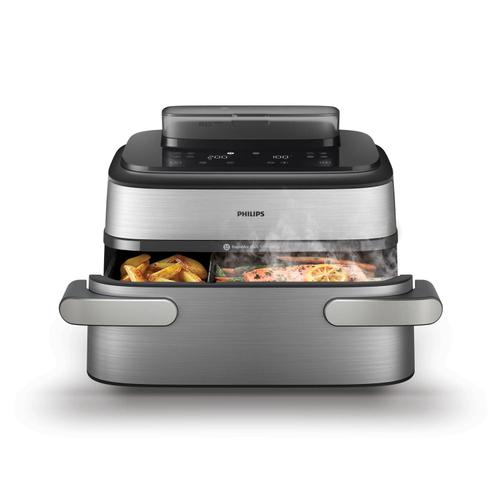Friteuza cu aer cald Philips Megabasket NA565/02 Seria 5000, 9.5L, 2750 W, 28 de moduri de gatit, Trecere de la 1 MegaBasket la 2 cosuri, Invelis ceramic premium, separator detasabil, curatare automata cu abur (Argintiu/Negru)