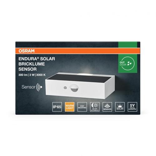 Aplica LED Solara Osram 000004099854455919 Endure SolarBrickLume 3W 300lm Lumina Calda(3000K) PIR IP65 Baterie Litiu-Ion 18650 Alb