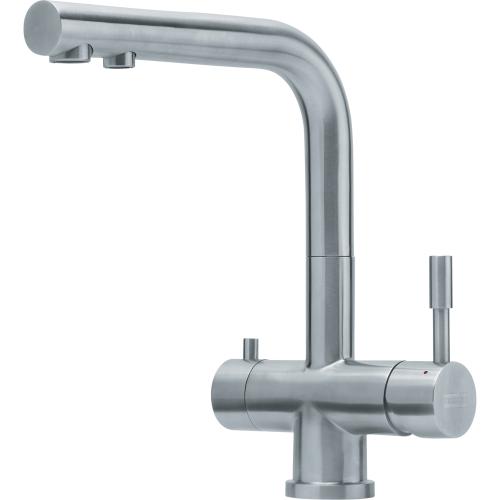 Baterie bucatarie Franke Atlas Clear, pentru apa filtrata, rece si calda, 3 cai, cartus ceramic, aerator, Inox