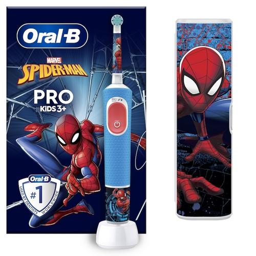 Periuta de dinti electrica Oral-B Pro Kids Spiderman pentru copii, Curatare 2D, 2 programe, 1 capat, 4 autocolante, trusa de calatorie (Albastru)