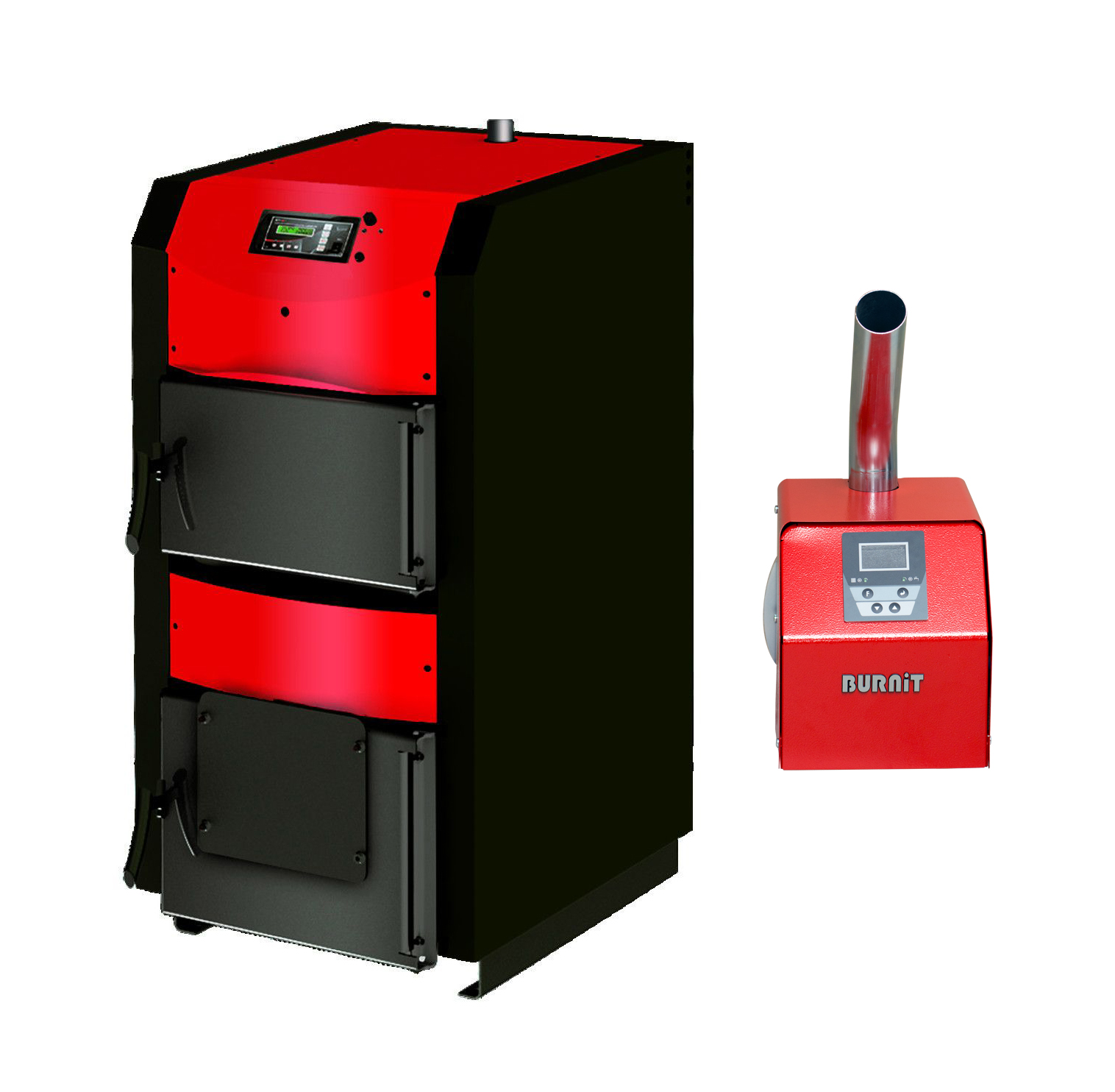 Pachet centrala mixta combustibil solid si peleti Sunsystem Burnit NWB PRIME 90 kw, cu ventilator, automatizare, si arzator Peleti Pell Eco 70 kw, snec, aprindere automata
