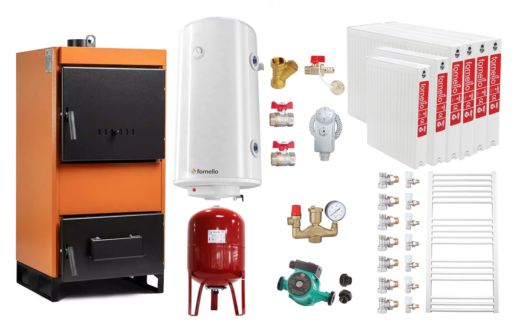 Pachet Centrala pe combustibil solid Fiama W 45 kW, Radiatoare Otel, Boiler Termoelectric, Vas Expansune, Pompa si Fitinguri Montaj
